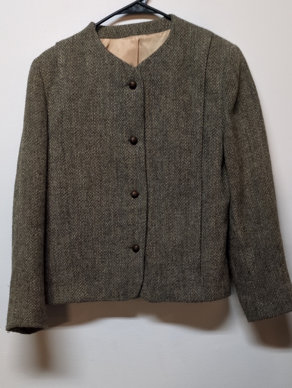 Vintage 80s Wool Gray Tweed Blazer Justin LTD England Leather Buttons, Size S